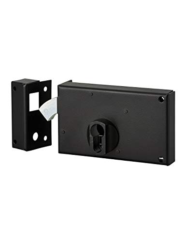 THIRARD - Boitier de Serrure Horizontale en Applique Double Entrée à Crochet pour Portail - Gauche - Axe 60 mm - 140 x 83 mm - Noir - Coffre et Gâche Acier Cambré - Mécanisme à 2 Tours