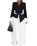 Unybwonn Formal 2 Piece Sets for Women Wide Leg Palazzo Pleated Flowy Pants Button Down Blazer Top Dressy Outfits Set Black