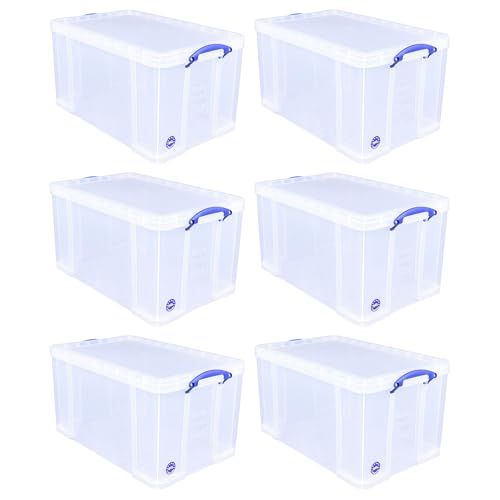 Image of Really Useful Box 84 Liters Storage Container with Snap Lid and Clip Lock Handle for Lidded Home and Item Storage Bins, 6 Pack, Clear