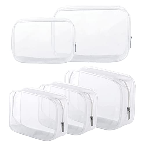 Image of 5 Pack Clear Plastic Zippered Toiletry Carry Pouch TSA Approved Toiletry Bag Portable Cosmetic Makeup Bag for Vacation, Bathroom and Organizing (White, Small/Large)