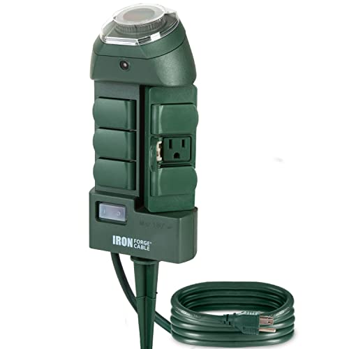 Iron Forge 6 Outlet Waterproof Outdoor Mechanical Power Stake Timer 180 Degree Rotatable, 6Ft Extension Cord, Yard Stake For Lights, Lights Decoration, Sprinklers, 1625W/13A Ul Listed #TOP9