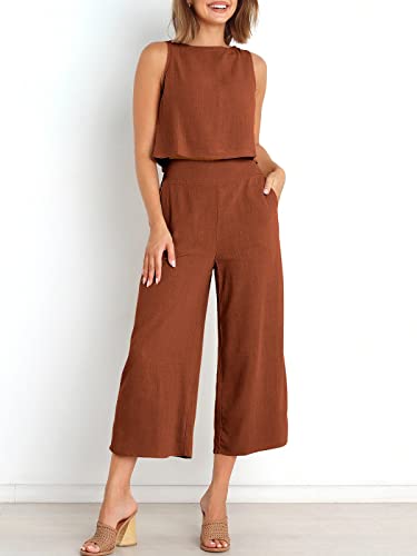 Image of ANRABESS Women's Summer 2 Piece Outfits Sleeveless Tank Crop Button Back Top Cropped Wide Leg Pants Set Pockets