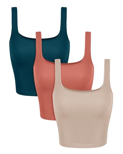 Image of ODODOS 3-Pack Seamless Square Neck Crop Tank for Women Ribbed Knit Soft Low Back Cropped Tops