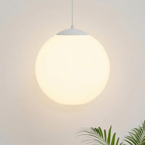 Image of KASTLITE 12 inch Acrylic Globe Pendant Light Fixture, 8W 3000K Filament LED Bulb, Ceiling Mount - Kitchen Pendant Lighting Over Island, Hanging Dining Light, Living Room Lamp - White Shade, White Base