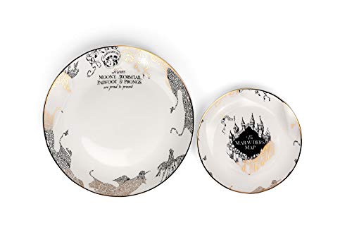 Harry Potter Marauder's Map Porcelain 4 Piece Place Setting - Gold Marauders Map Design - Includes 1 Dinner Plate, 1 Salad Plate, 1 Bowl And 1 Mug - Great Gift For Any Harry Potter Fan #TOP1