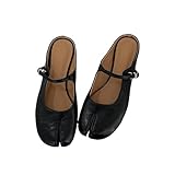 LokoLucx Tabi Shoes Mary Jane Mules Flats for Women Split Toe Strips Slip-On Slides Convenient Breathable Comfortable Casual Round Toe Retro Slippers Spring Summer Fall Back to School (Black,9)