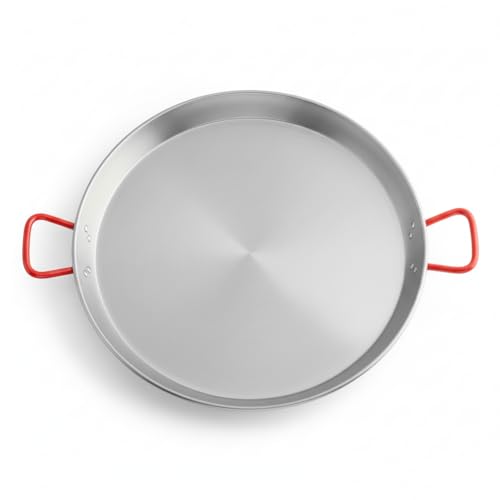 Glownary 24 Inch Carbon Steel Paella Pan, Silver Round with Dual Red Handles, Uncoated Dimpled Surface for 9-16 Guests, Hand Wash Only