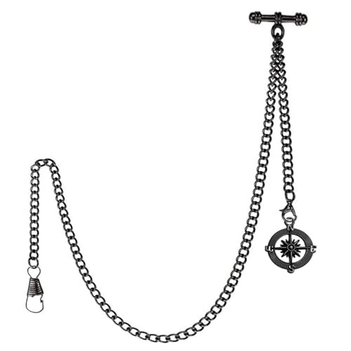 DerMacht Pocket Watch Chain Double Albert Chain T-Bar Watch Chain with Compass Rudder Pendant Black