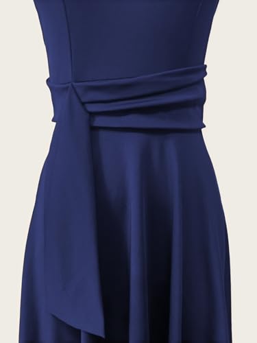 Image of FENJAR Women's Elegance Audrey Hepburn Style Ruched Dress Round Neck Sleeveless Swing Midi A-line Dresses (US, Alpha, Small, Regular, Regular, Blue)