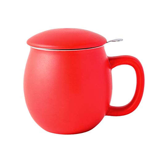 Image of Yundu 12 OZ Matte Red Ceramics Teacup with Infuser and Lid, Mug with Lid for Steeping - Stainless Steel Infuser for Loose Leaf Tea, Home Office Gift for Tea Lovers