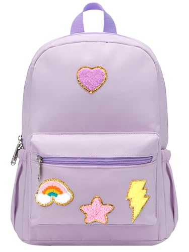 Bulyoou Preppy Backpack for Girls Back to School Gift School Book Backpack with Rainbow Chenille Patches(Purple)
