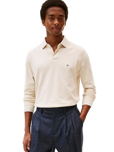 Tommy Hilfiger Men's Long Sleeve Polo Shirts in Regular Fit with Stretch and Organic Pique Cotton, Heathered Oatmilk, S