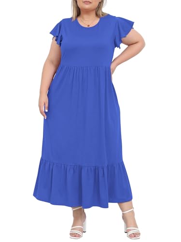 Moon Wood Women's Summer Dresses Crew Neck Ruffle Short Sleeve Maxi Dress Plus Size Ladies Long Casual Beach Dress with Pockets UK Royal Blue 5XL