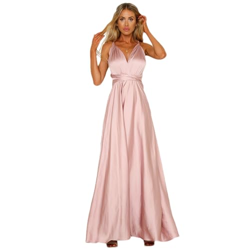 Jamron Damen Elegant Tiefer V-Ausschnitt Rückenfreies Satin Abendkleid Multiway Wickelkleid Abschlussballkleid SN0703227 Rosa M