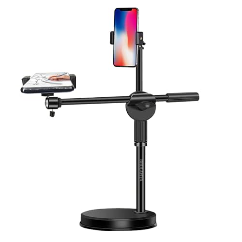 Image of BROLAVIYA Dual Mobile Overhead Stand for Video Recording, Desk Camera Mount with Dual 360 Rotating Phone Holders, Adjustable Height for YouTube, Reels, TikTok, Online Teaching, & Content Creation