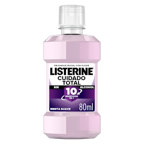 Listerine Cuidado Total Sabor Suave 80 ml, enjuague bucal sin alcohol, colutorio encías con 10 beneficios en 1, enjuague bucal para 12 horas de protección