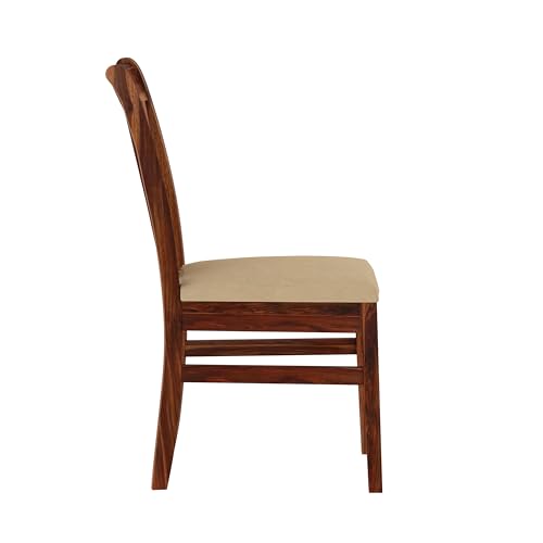 Image of Solid Wood 6 Seater Dining Table | Sheesham Wood Six Seater Dining Table with Cushion Chairs | Wooden Furniture Dinner Table with 6 Chairs | Natural Finish with Cream Upholstery