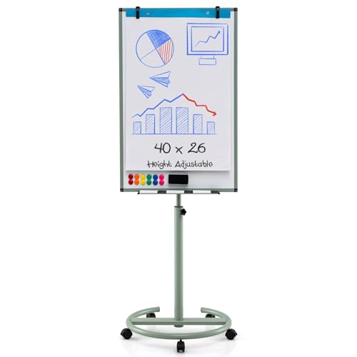 COSTWAY Flip Chart Mobile Whiteboard, 100x65cm Height Adjustable Dry Erase Board with Stand, Paper Clips, Magnets, Markers and Eraser, Standing Magnetic Whiteboard for Home Office School (Green)
