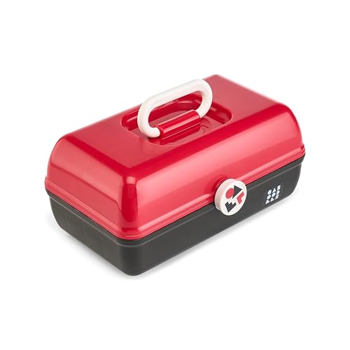Image of Caboodles School Spirit On-The-Go Girl Makeup Box, Red Over Black, Hard Plastic Makeup Organizer Box, Built-In Mirror, Secure Latch for Safe Travel, Spacious Storage for Large Items