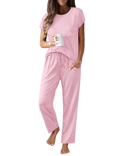 Ekouaer Womens Pajama Sets Cap Sleeve Sleepwear Tops and Long Pants Comfy Pjs 2 Piece Lounge Set with Pockets S-XXL Light Pink Medium