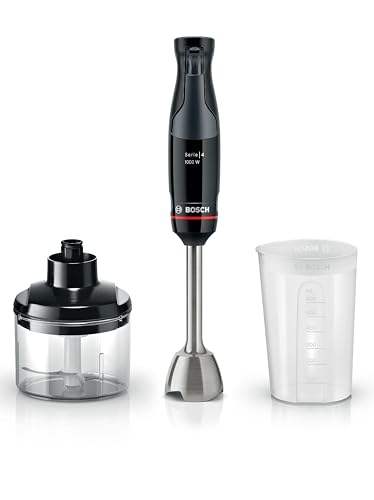 Bosch Serie 4 Frullatore a Immersione ErgoMaster MSM4B620, 1000 W, Impugnatura Ergonomica, Regolazione Dinamica della Velocità, 4 Lame in Acciaio Inox, Tritatutto Incluso, Bicchiere Graduato, Nero