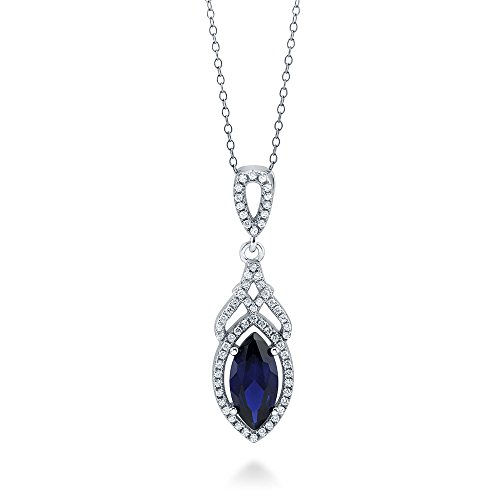 Berricle Sterling Silver Halo Simulated Blue Sapphire Marquise Cut Cubic Zirconia Cz Art Deco Fashion Necklace And Earrings Set For Women, Rhodium Plated #TOP2