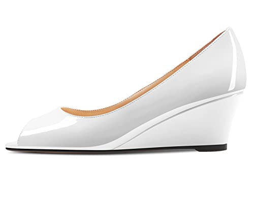 Aachcol Women Wedge Chunky Block Mid Heel Pumps Slip-on Peep Open Toe Dress Shoes Office Party Patent 2 Inch2