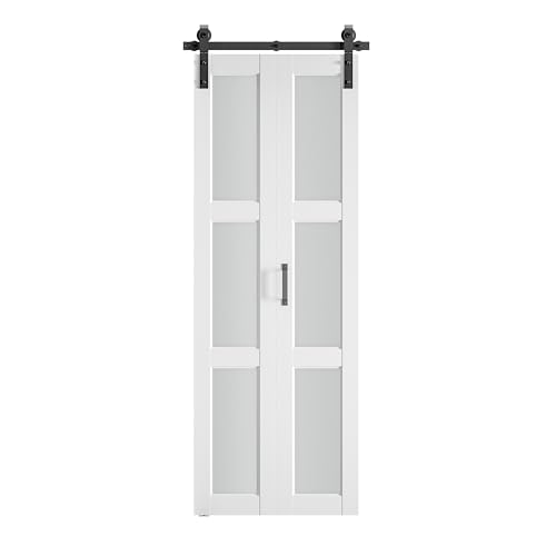 Condition photo showing New/Like New for smartstandard 36in frosted glass bifold barn door with hardware kit | pre-drilled holes easy assembly -solid barn doors slab covered with water-proof pvc surface, white