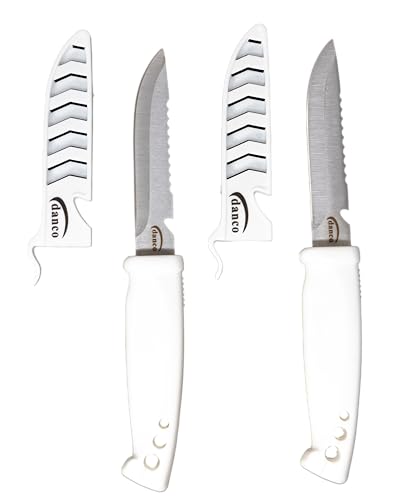 danco Deluxe Bait Knife 2-Pack Bundle – 4" Stainless Steel Blade with Sheath, White Handle – Sharp Fishing Knife for Cutting Bait, Saltwater & Freshwater Fishing Gear, Fillet Prep Tool