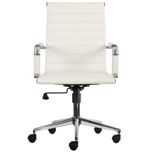 2Xhome Modern Office Desk Chair Mid Back Ribbed Pu Leather Conference Task Armchair With Swivel Tilt & Adjustable Height, White #TOP8