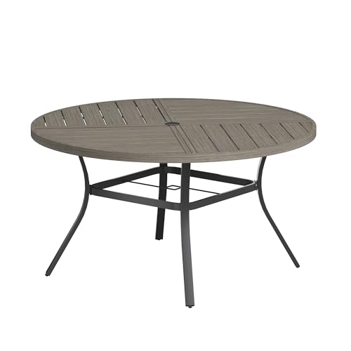 Image of VICLLAX Round Patio Table with Adjustable Umbrella Hole for 6, All Weather Metal Outdoor Dining Table for Lawn Garden, 50 inch Outdoor Coffee Table, Grey Wood-Like Tabletop