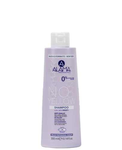 Alama Professional No-Yellow - Champú antiamarillos y antideslumbrante para cabello rubio, gris y blanqueado con proteínas de seda, extracto de semilla de uva y pigmento violeta, 300 ml