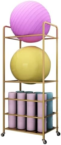 Gold Yoga Mat Storage Holder with Wheels, Exercise Ball Organizer & Workout Equipment Storage, Yoga Ball Holder for Home Gym, Fitness Accessories, Space-Saving Solution