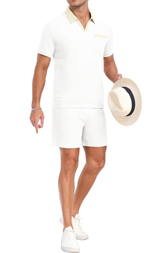 PrinStory Men's Summer Track Suits Waffle Knit Polo Shirt and Shorts Set Casual 2 Pieces Outfits with Pockets White-XL — view 2
