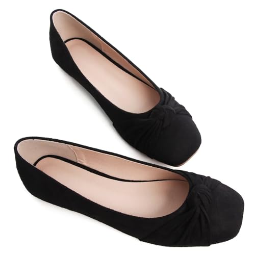 WENJIAZHIZHI Pleated Bowknot Ballet Flats Shoes for Women Suede Dressy Shoes Comfortable Square Toe Slip On Walking Loafers Flats2