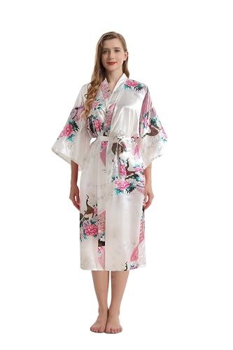 TRIFOLIUM Kimono - Bata Satén con Estampado Pavo Real y Flores Kimono Blanco Etiqueta de fábrica S Talla 38-40 (NG8701-S-WT-1PC)