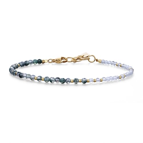 COAI Moss Agate Moonstone Bracelet for Women, Adjustable Gold Plated Stainless Steel Crystal Bracelet for Women 3mm