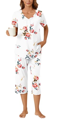 Image of Bestbee Women's Pajama Sets 2 Piece Lounge Outfits Summer Sleepwear V Neck Short Sleeve Capri Pant With Pockets Ladies Pjs