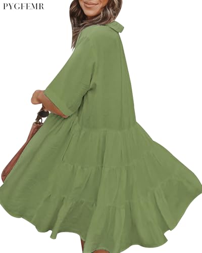 Image of PYGFEMR Women's Short Sleeve Babydoll Dress Button Down Dresses with Pockets