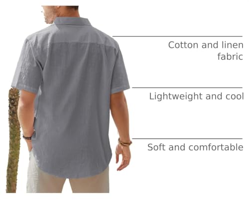 Image of J.VER Mens Linen Shirt Short Sleeve Button Down Casual Summer Shirts | Cotton Linen, Untucked, Big Tall, from Beach Camp Vacation, Cruise Fishing, Work Office, to Wedding Party Family, with Pocket