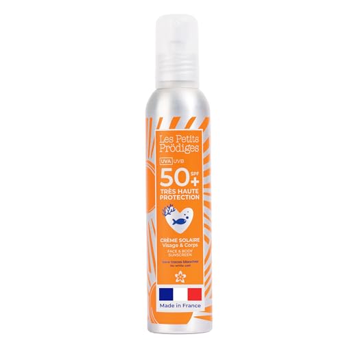 LES PETITS PRODIGES Creme Solaire SPF 50+ Visage & Corps - Invisible - Haute Protection UVA, UVB - Hydratant & Apaisant - Senteur Monoï - Flacon Aluminium Recyclable - Fabriquée en France - 100ml