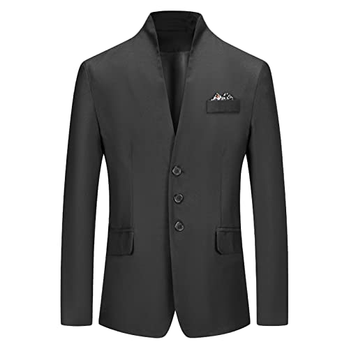 Men's Casual Slim Fit Blazer 3 Buttons Stand Collar Business Sports Coats Lightweight Single Breasted Prom Jacket (Black,Large)