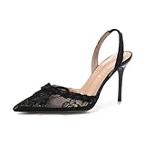 AZAGNEEM Women's Lace Bow Slingback Stiletto Sandals Sexy Closed Pointed Toe Mesh Slip On High Heels Backless Pumps for Wedding Party Date Evening Dress Shoes (black,7)