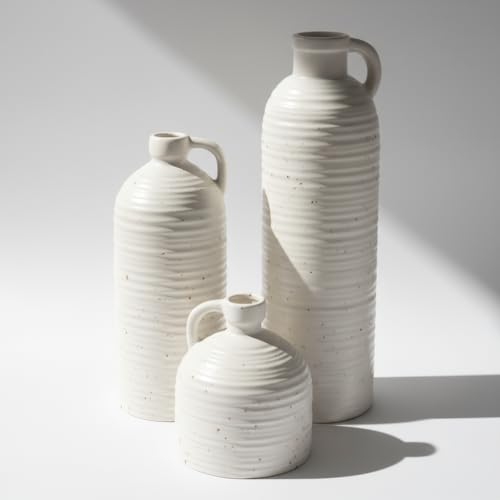 White Ceramic Vase Set of 3 with Handle – Ribbed and Dotted Jug Vases for Rustic Farmhouse Table Centerpiece, Shelf & Mantel Decor