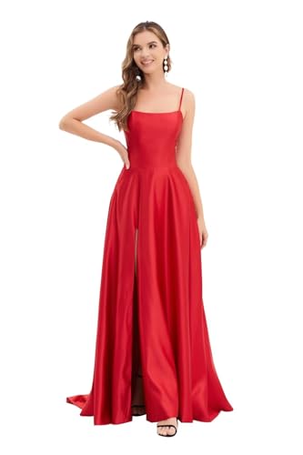 Image of Women's satinprome Dress Long Train Side Slit Satin for Teens Strap Spaghetti Backless with Pockets Red 8