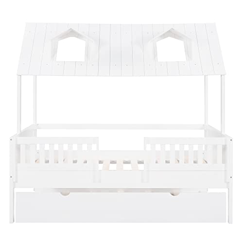Meritline Full House Bed With Trundle, Wooden Platform Bed Frame With Roof, For Kids Teens Girls Boys - White #TOP6
