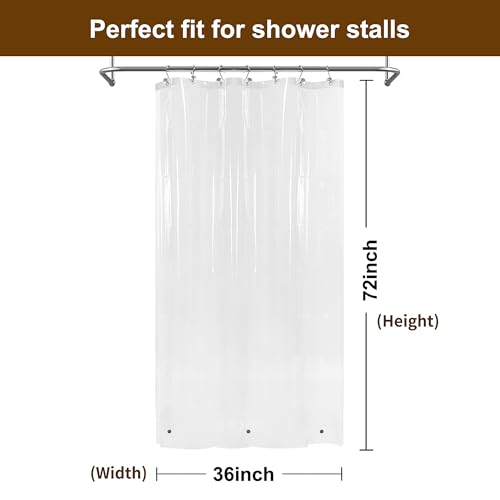 Small Shower Curtain Liner for Stall Size 36 x 72, 8G Heavy Duty PEVA Narrow Standing Single with 3 Magnets, Waterproof Half Curtains 7 Grommets, Clear, 36x72