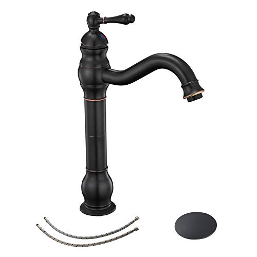 Bathfinesse Long Spout Bathroom Faucet 360° Swivel Oil Rubbed Bronze Vessel Sink Faucet Commercial Single-Handle Single Hole Matching Pop Up Drain Stopper With Supply Lines Mixer Tap Deck Mount #TOP26
