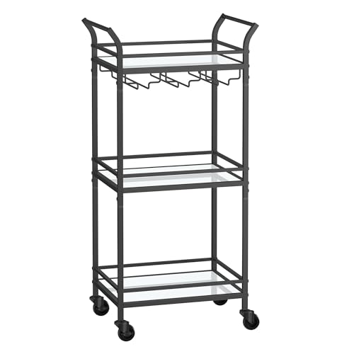 VASAGLE Carrello Cucina a 3 Ripiani, Carrello Portavivande Nero, Carrellino Salvaspazio con Ruote, Maniglia, Vetro a Specchio, per Piccoli Spazi, Sala da Pranzo Bagno Salotto Bar, Nero LRC091B62