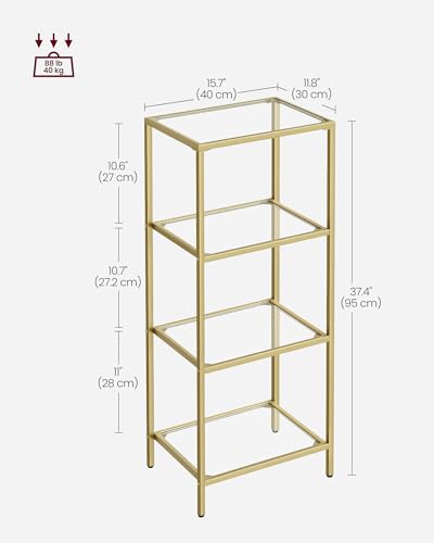 VASAGLE 4-Tier Glass Shelf, Bookshelf, Storage Rack, Tempered Glass, Easy Assembly, for Bathroom, Living Room, Bedroom, Office, Metallic Gold LGT28G